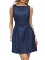 Sleeveless Boat Neck A-Line Mini Denim Dress