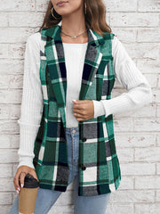 Notch Neck Button Down Sleeveless Plaid Vest