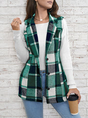 Notch Neck Button Down Sleeveless Plaid Vest