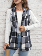 Notch Neck Button Down Sleeveless Plaid Vest