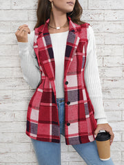 Notch Neck Button Down Sleeveless Plaid Vest