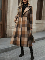 Notched Lapel Double Breasted Long Plaid Coat