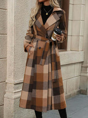 Notched Lapel Double Breasted Long Plaid Coat