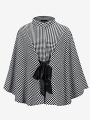 Houndstooth Mock Neck Lace-Up Cape Cloak Jacket