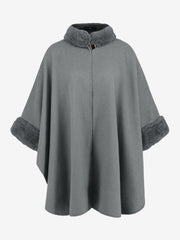 Faux Fur Collar Solid Color Cape Cloak Coat