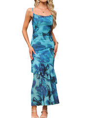 Floral Mesh Ruffled Wedding Guest Bodycon Cami Dress