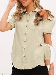 Collared Puff Short Sleeve Button Down Casual Blouse