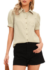Collared Puff Short Sleeve Button Down Casual Blouse