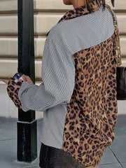 Striped Leopard Patchwork Long Sleeves Shirt