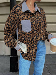Striped Leopard Patchwork Long Sleeves Shirt