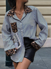 Striped Leopard Patchwork Long Sleeves Shirt