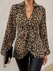 Leopard Print Wrap Blouse with Tie Waist Office to Evening Long Sleeves Top