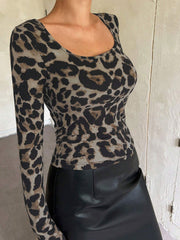 Leopard Print Round Neck Slim Fit Long Sleeve Blouse