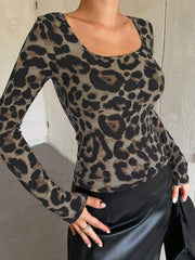 Leopard Print Round Neck Slim Fit Long Sleeve Blouse
