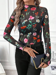 Mesh Ruffled Printed Long Sleeves Blouse