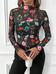 Mesh Ruffled Printed Long Sleeves Blouse