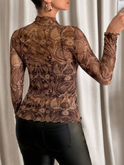 Mesh Ruffled Printed Long Sleeves Blouse