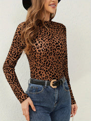 Leopard Print Mesh Mock Neck Sheer Blouse