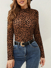 Leopard Print Mesh Mock Neck Sheer Blouse