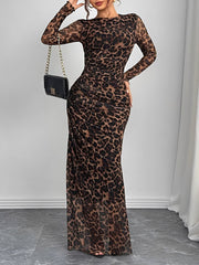 Leopard Print Mesh Ruched Bodycon Maxi Dress