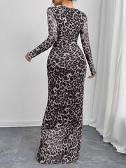 Leopard Print Mesh Ruched Bodycon Maxi Dress
