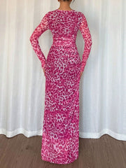 Leopard Print Mesh Ruched Bodycon Maxi Dress
