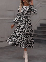 Leopard Print Tie Waist Long Sleeves A-Line Dress