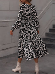 Leopard Print Tie Waist Long Sleeves A-Line Dress