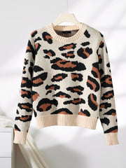 Crew Neck Casual Leopard Print Pullover Sweater