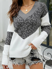 Colorblock Leopard Print V Neck Pullover Sweater