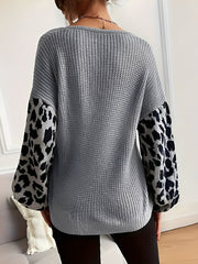 V Neck Leopard Print Casual Ribbed Knit Sweater