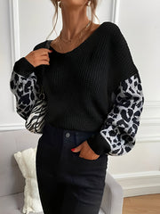 V Neck Leopard Print Casual Ribbed Knit Sweater