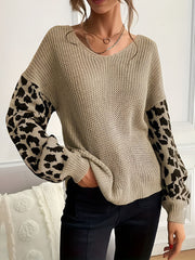 V Neck Leopard Print Casual Ribbed Knit Sweater