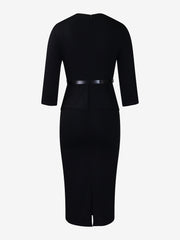 Lapel 3/4 Sleeves Belted Midi Sheath Dress