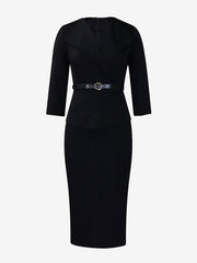 Lapel 3/4 Sleeves Belted Midi Sheath Dress