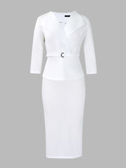 Lapel 3/4 Sleeves Belted Midi Sheath Dress