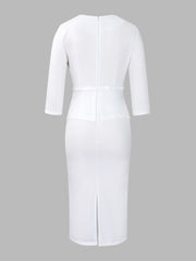 Lapel 3/4 Sleeves Belted Midi Sheath Dress