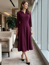 Notch Neck 3/4 Sleeve Pocketed Solid A-Line Work Dress