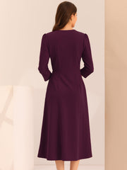 Notch Neck 3/4 Sleeve Pocketed Solid A-Line Work Dress