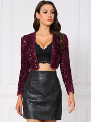 Sequin Shrug Open Front Collarless Sparkly Crop Blazer Jacket