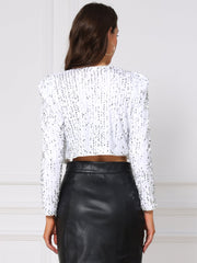 Sequin Shrug Open Front Collarless Sparkly Crop Blazer Jacket