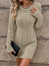 Cable Knit Round Neck Solid Color Bodycon Sweater Dress