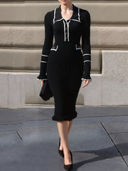 Contrast Color Long Sleeves Bodycon Ruffled Dress