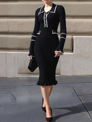 Contrast Color Long Sleeves Bodycon Ruffled Dress