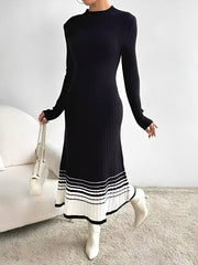 Round Neck Long Sleeves Colorblock Knitted Sweater Dress