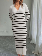 Lapel V Neck Long Sleeves Knitted Maxi Sweater Dress