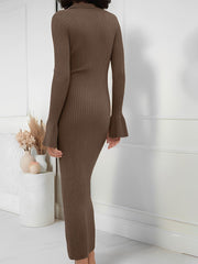 Lapel V Neck Long Sleeves Knitted Maxi Sweater Dress