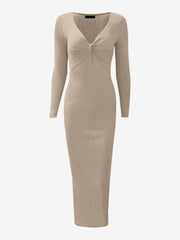 Ruched V Neck Long Sleeve Bodycon Sweater Dress