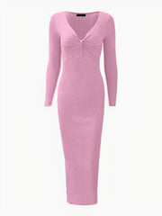 Ruched V Neck Long Sleeve Bodycon Sweater Dress