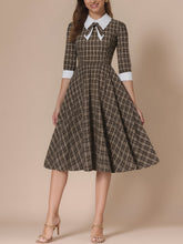 Plaid Collar Bow Tie 3/4 Sleeve Midi A-Line Dress
